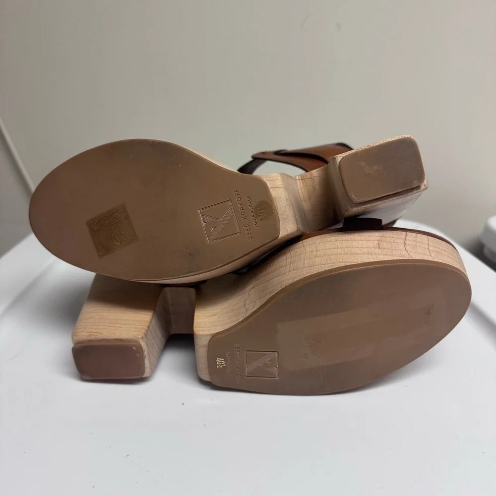 Reed Krakoff Brown Leather Buckle Wood Platform Heels Sandals Size 40.5